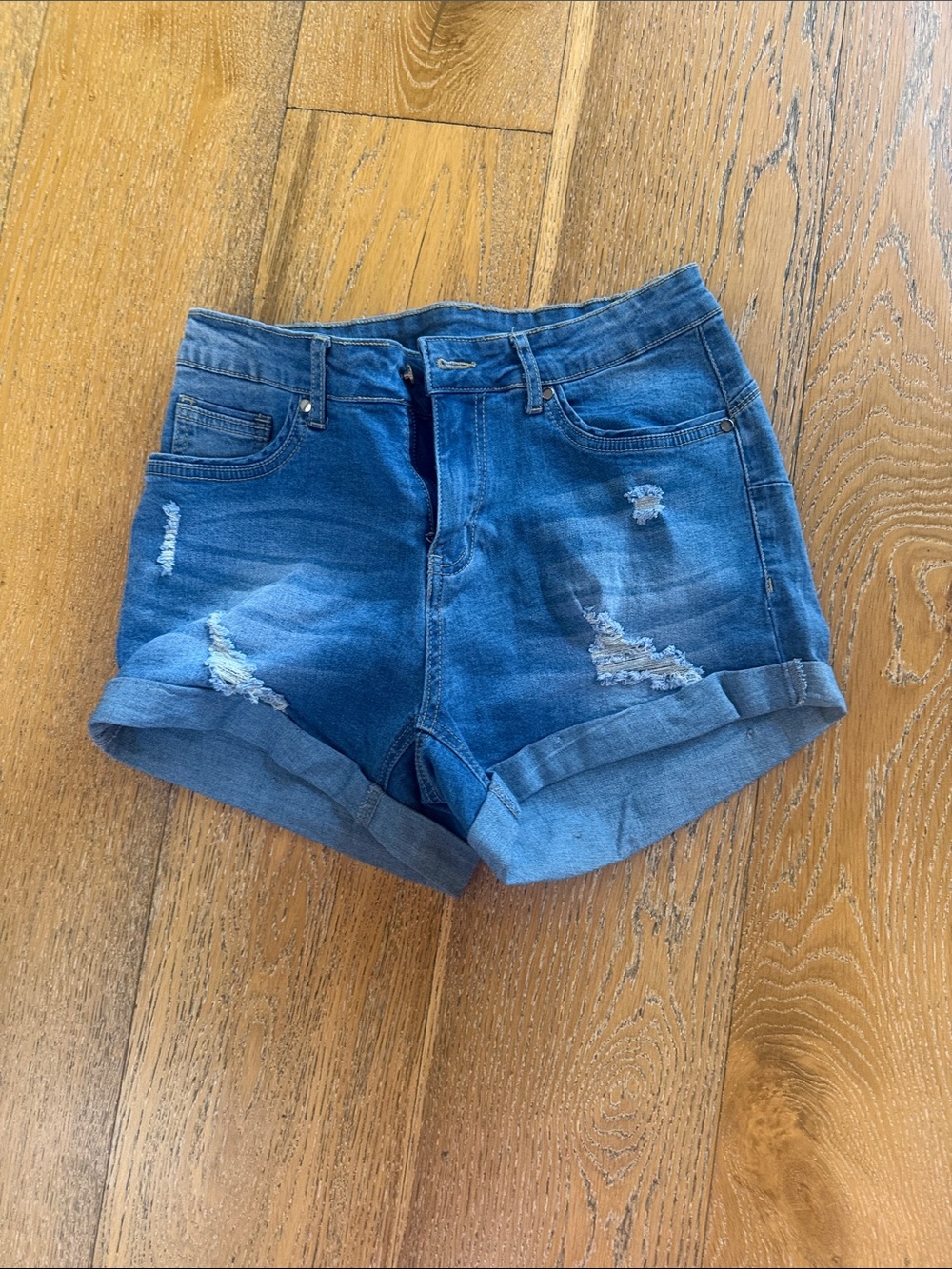Rolled-Hem Distressed Women's Denim Shorts - Blue
